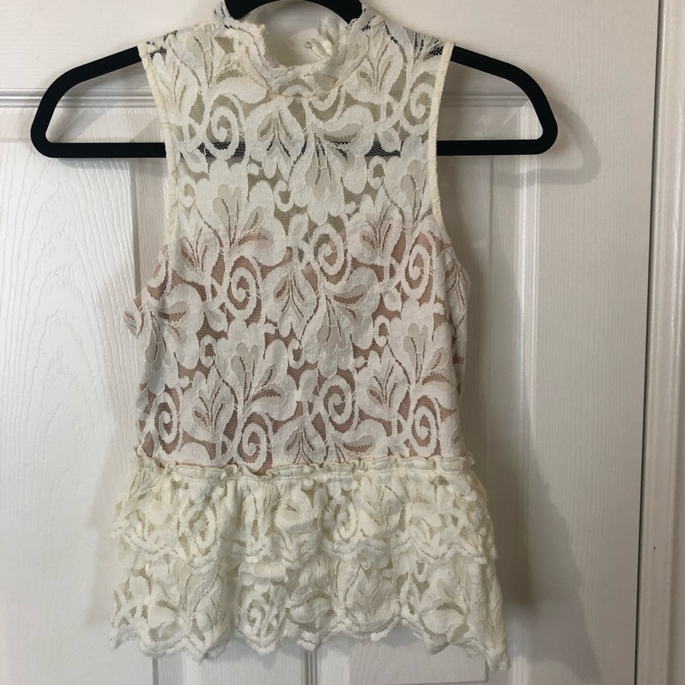 Cream and nude sleeveless high neck lace top